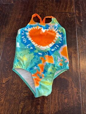 Amazon Kids Tie-Dye Heart One-Piece Swimsuit - Orange, Blue & Green